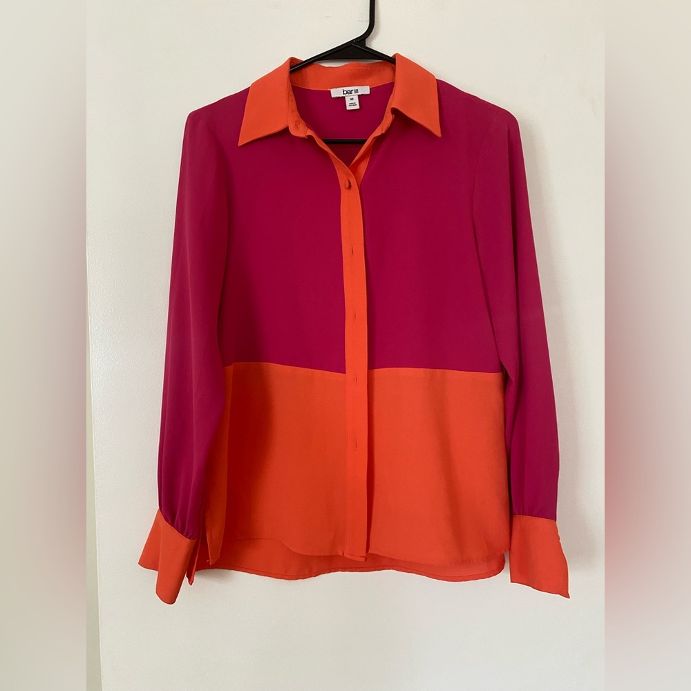 BAR III Vibrant Orange & Pink Button Down Top Workwear SIZE XS